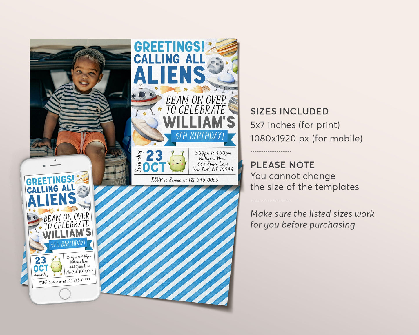 UFO Alien Birthday Invitation With Photo Editable Template, Beam On Over Outer Space Party Invite, Out Of This World Flying Saucer Evite