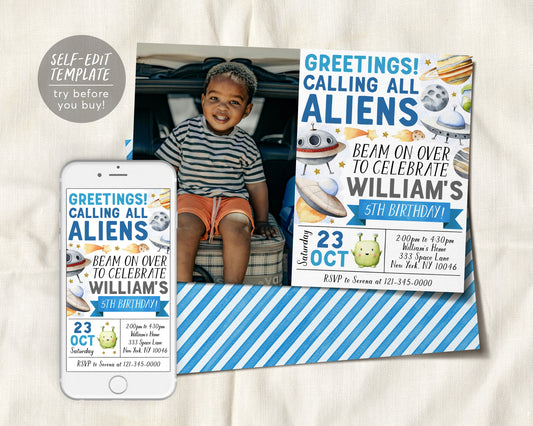 UFO Alien Birthday Invitation With Photo Editable Template