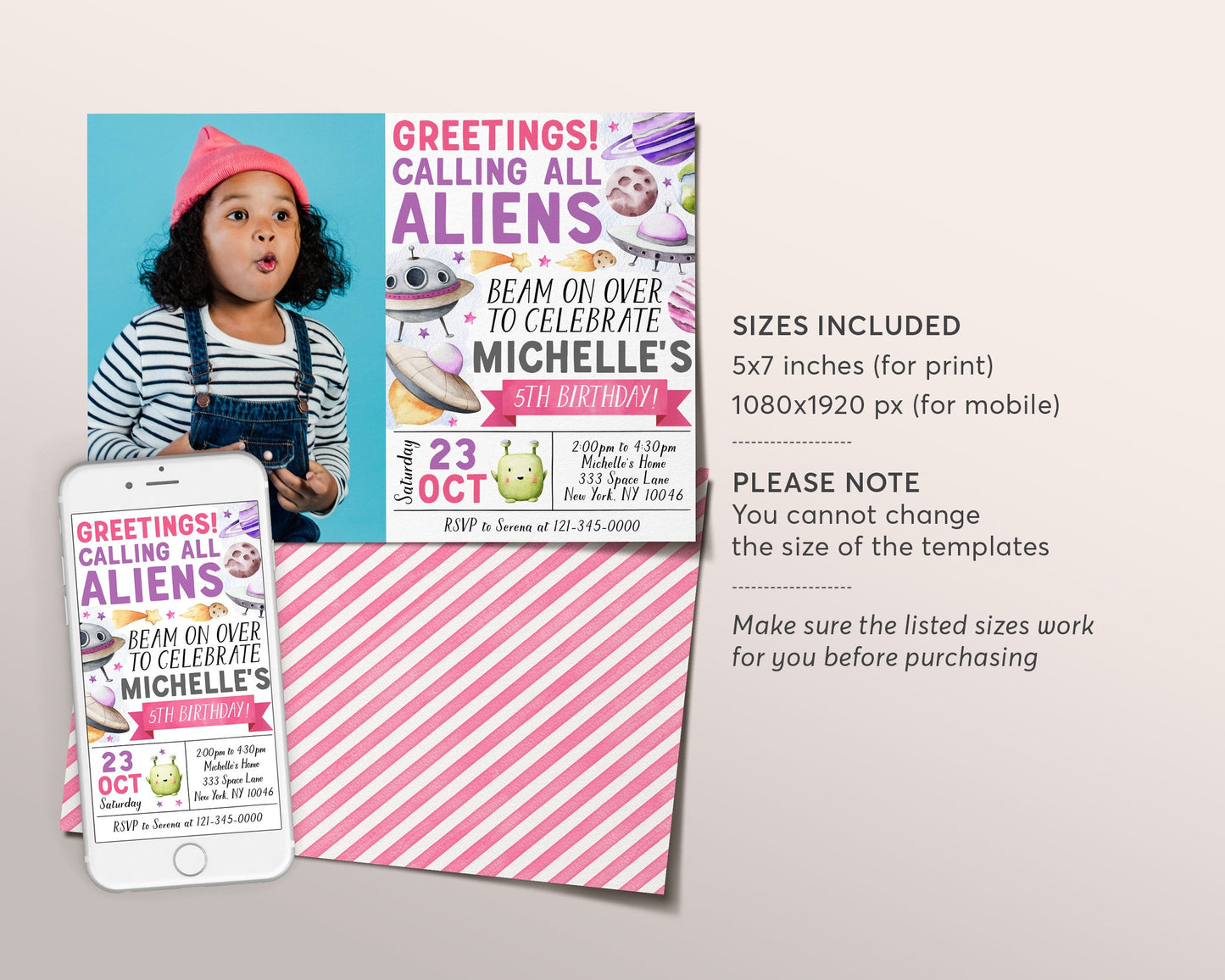 UFO Alien Birthday Invitation With Photo Editable Template, Beam On Over Outer Space Party Invite, Out Of This World Flying Saucer Evite