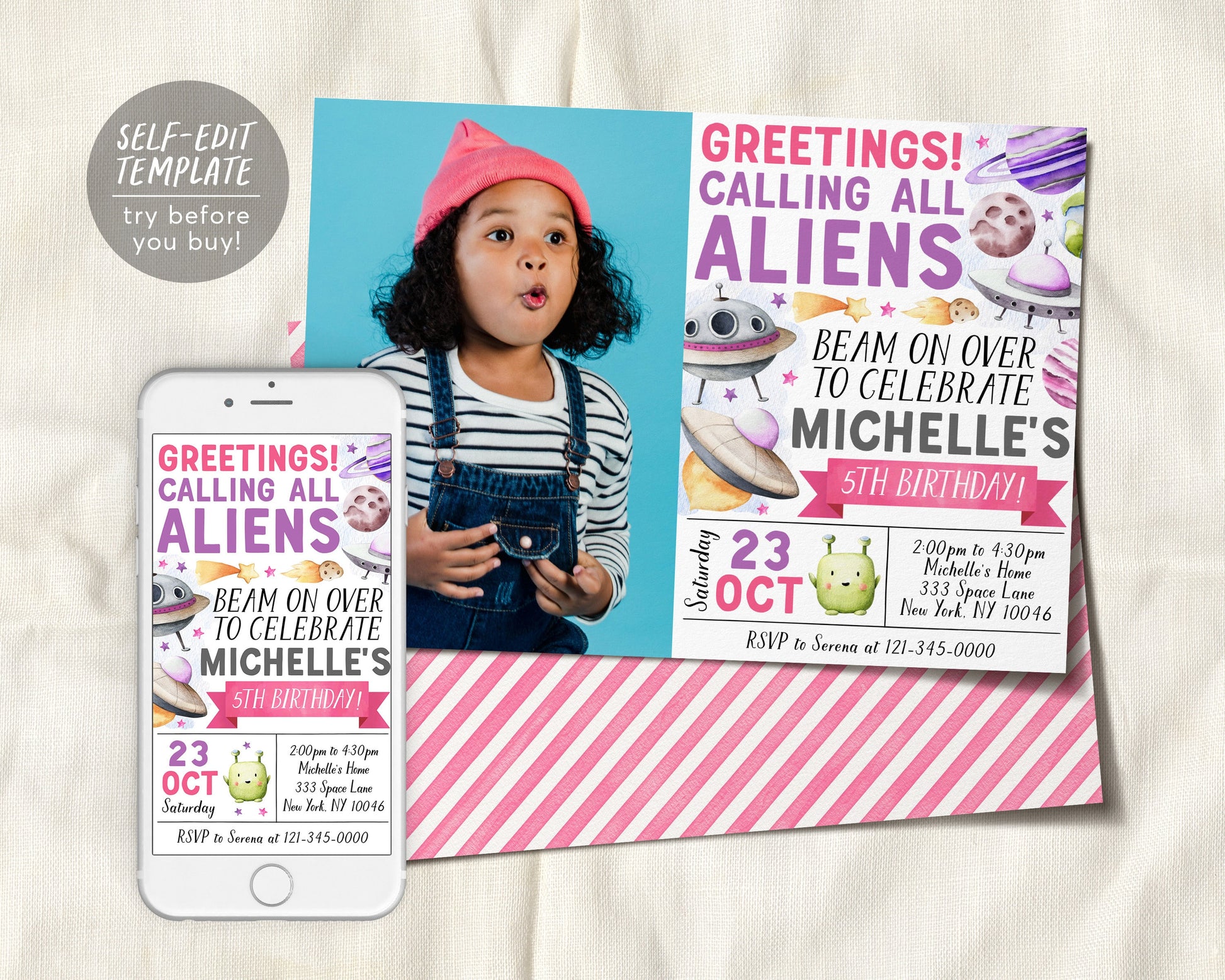 UFO Alien Birthday Invitation With Photo Editable Template