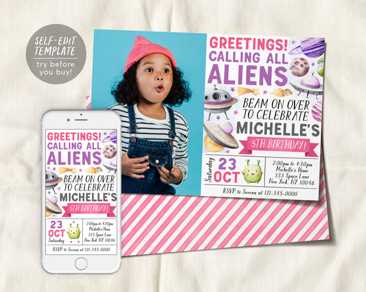 UFO Alien Birthday Invitation With Photo Editable Template