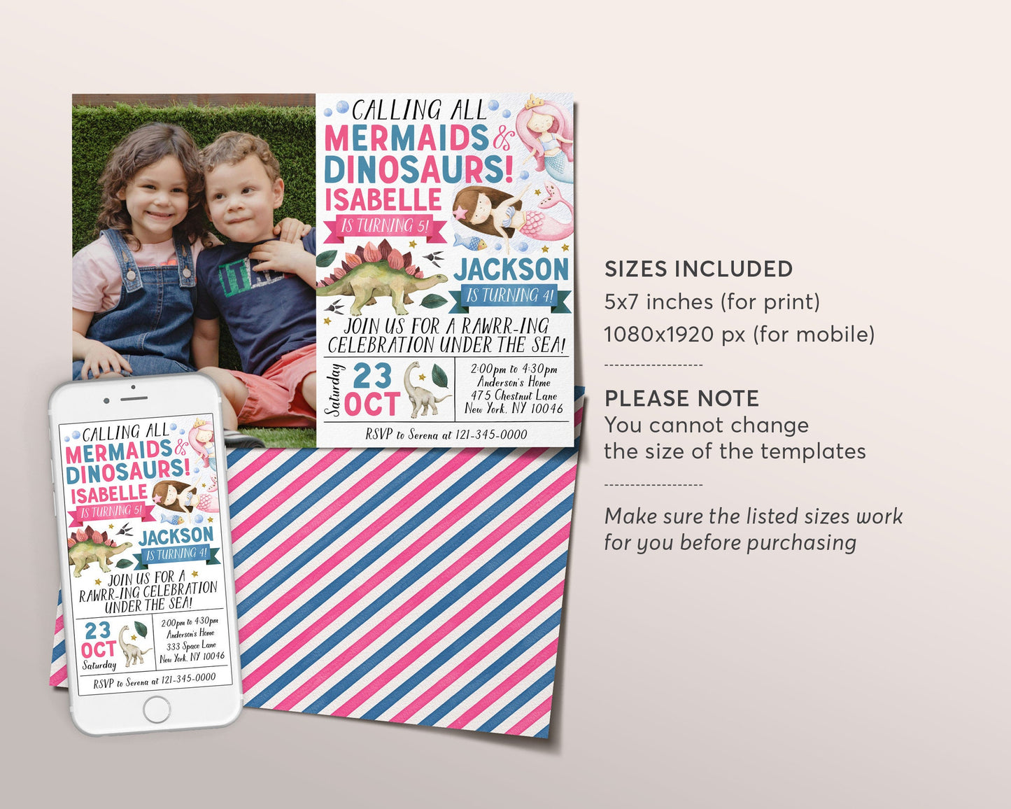 Mermaid and Dinosaur Joint Siblings Birthday Invitation With Photo Editable Template, Twins Boy Girl Dinosaurs Mermaids Party Invite Evite