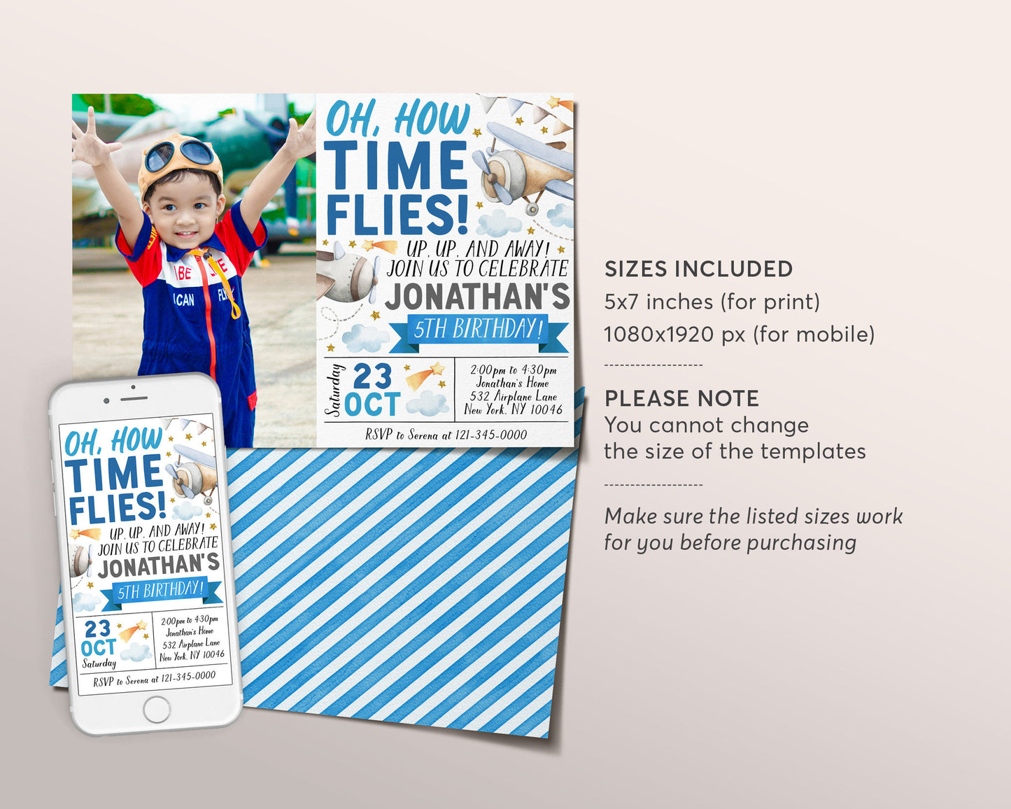 Airplane Birthday Invitation With Photo Editable Template, Oh how Time Flies Boy First Birthday Party Invite, Aviation Plane, Up Up and Away