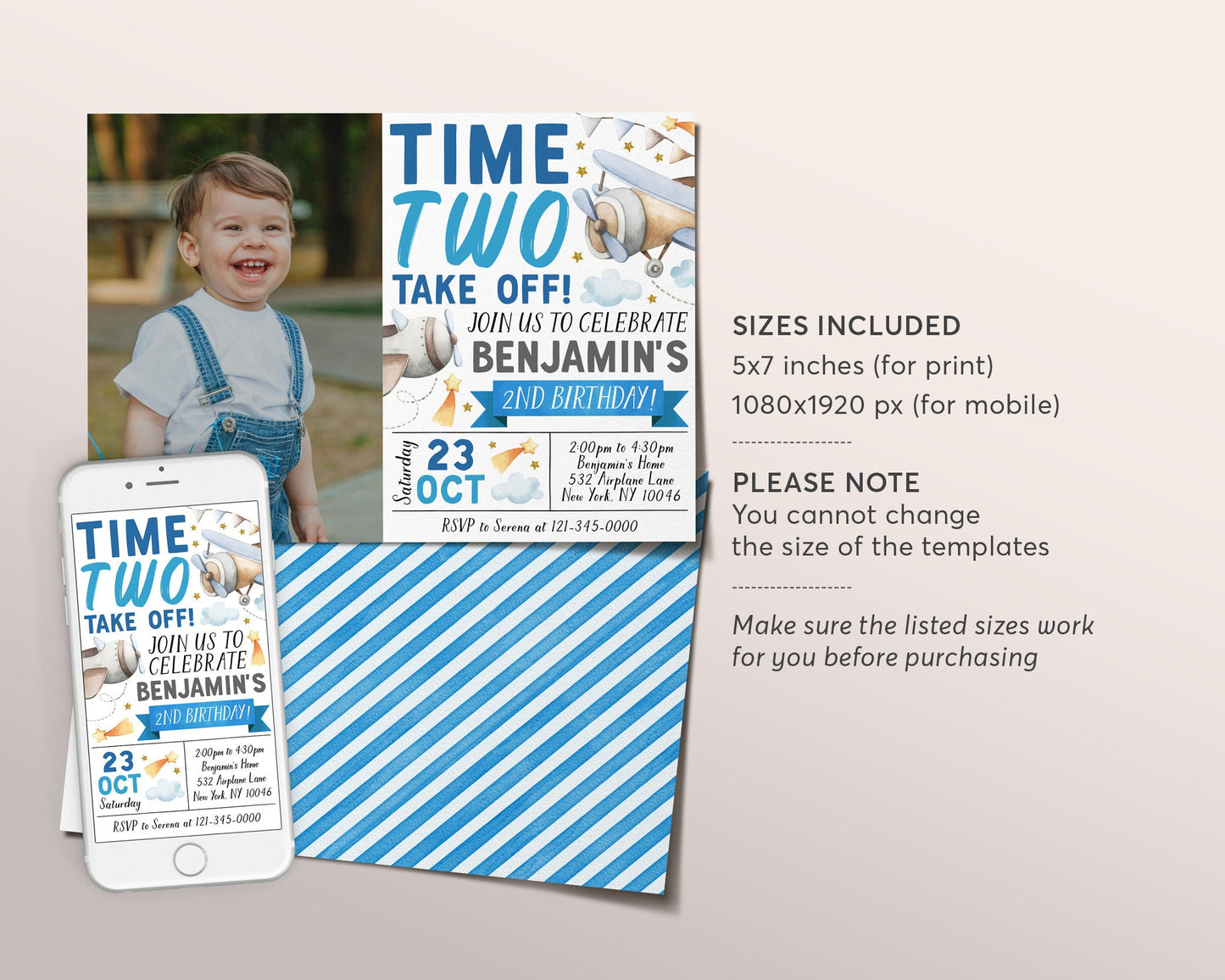 Airplane 2nd Birthday Invitation With Photo Editable Template, Time Two Take Off Boy Second Birthday Party Invite, Aviation Plane Evite