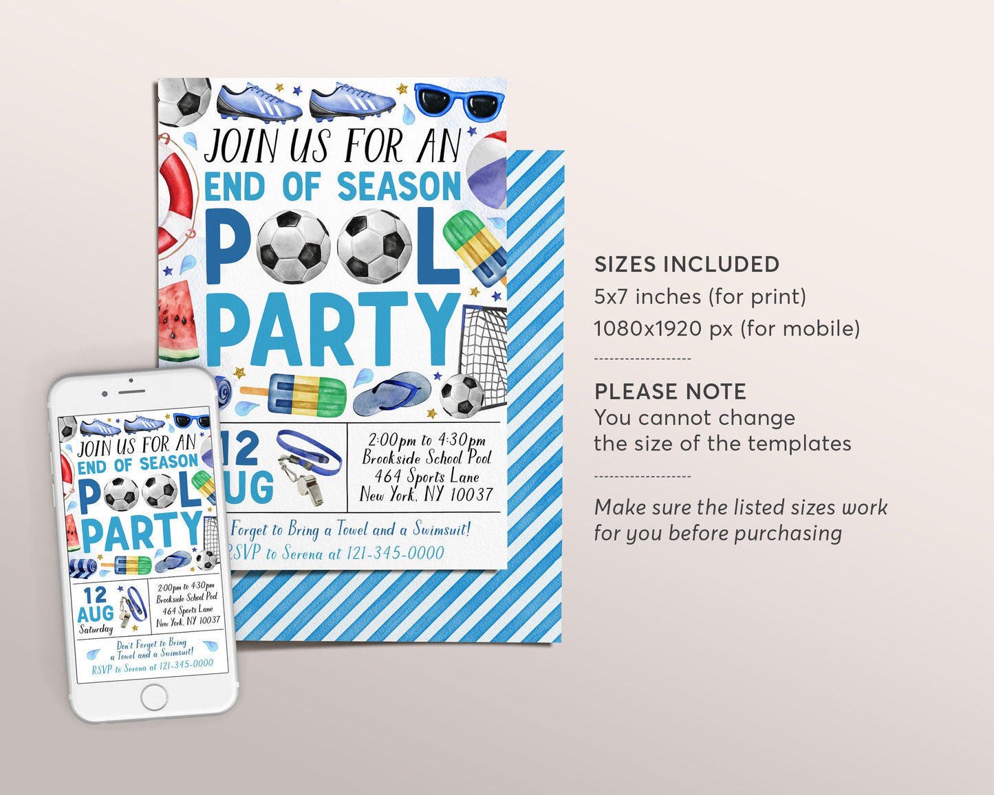 Soccer Pool Party Invitation Editable Template, Football End of Season Sports Team Pool Invite, Backyard Team Party Cookout BBQ Evite