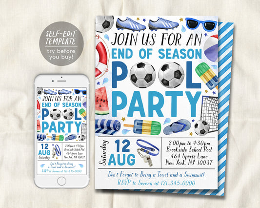 Soccer Pool Party Invitation Editable Template
