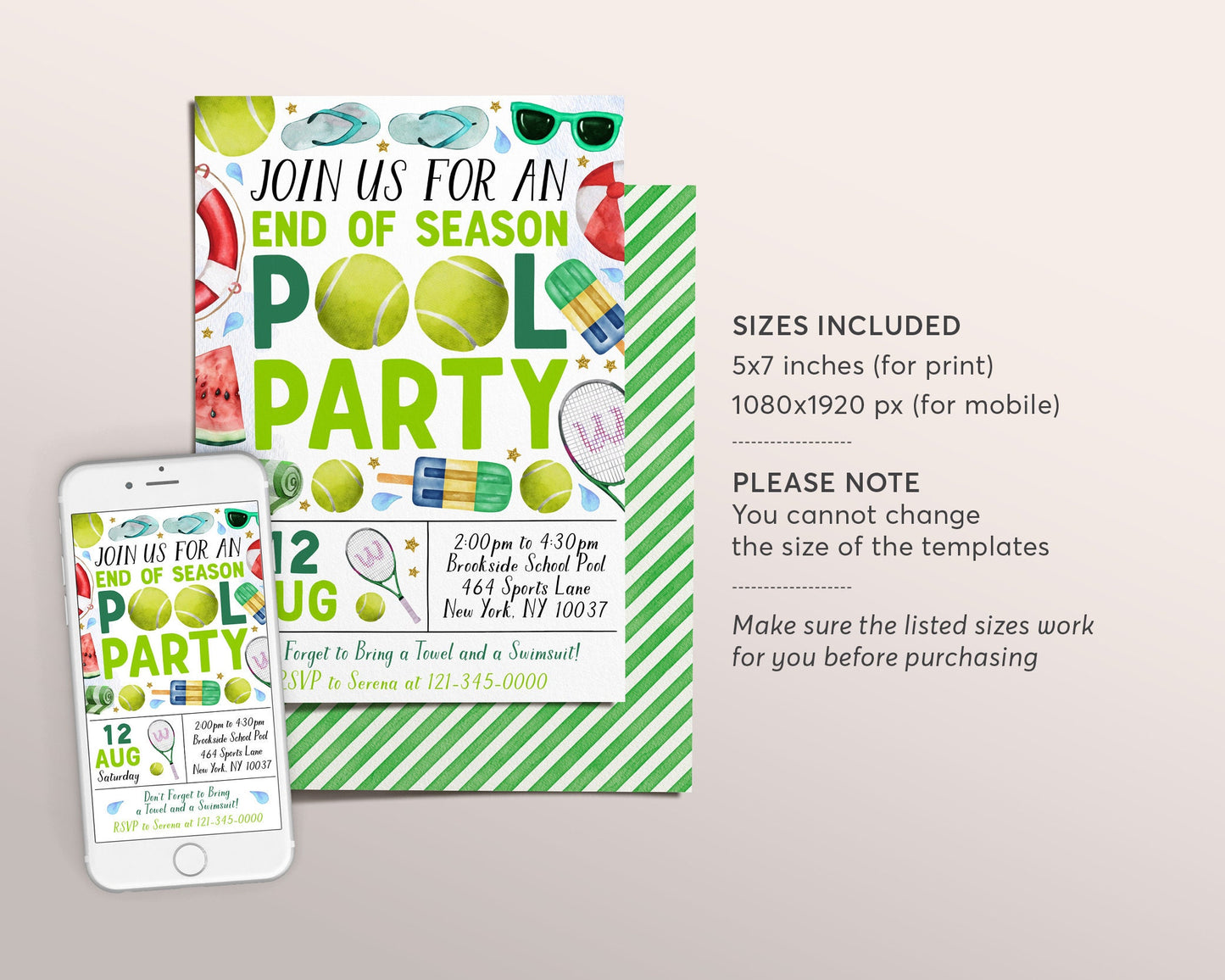 Tennis Pool Party Invitation Editable Template, Tennis End of Season Sports Team Pool Invite, Backyard Team Party Cookout BBQ Evite