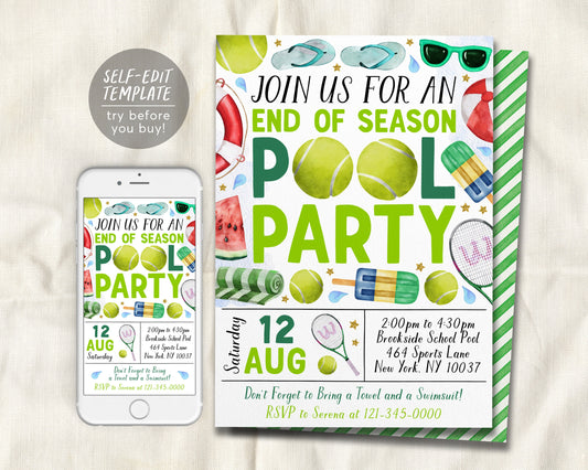 Tennis Pool Party Invitation Editable Template