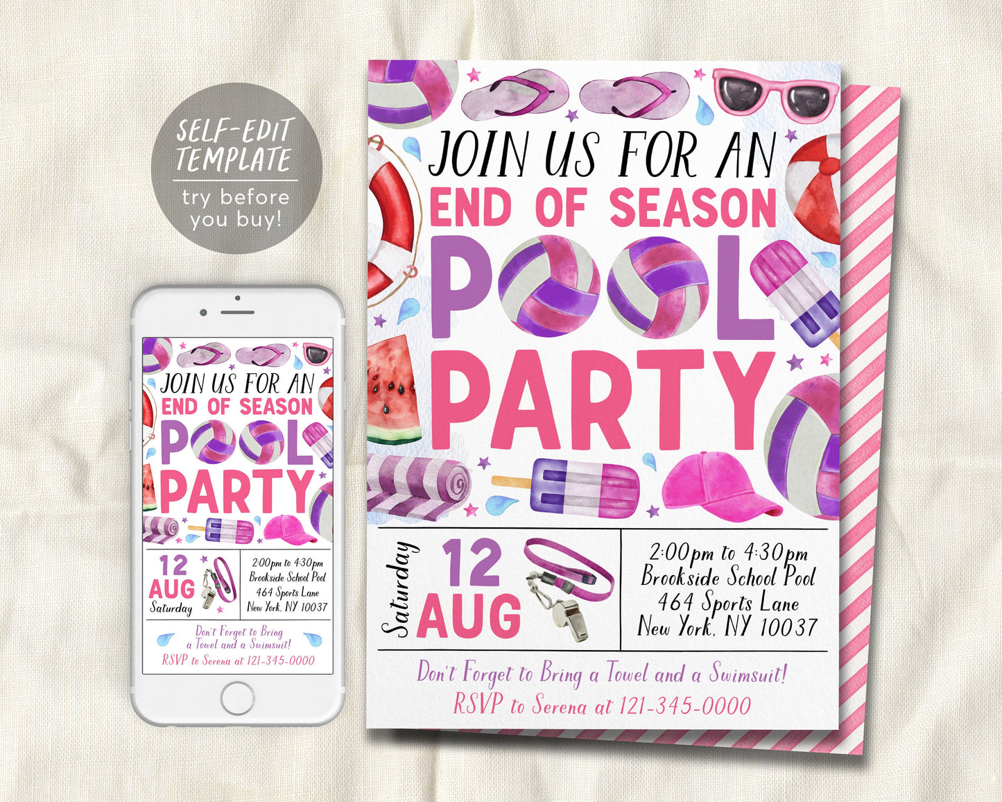 Volleyball Pool Party Invitation Editable Template