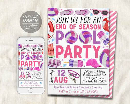 Volleyball Pool Party Invitation Editable Template