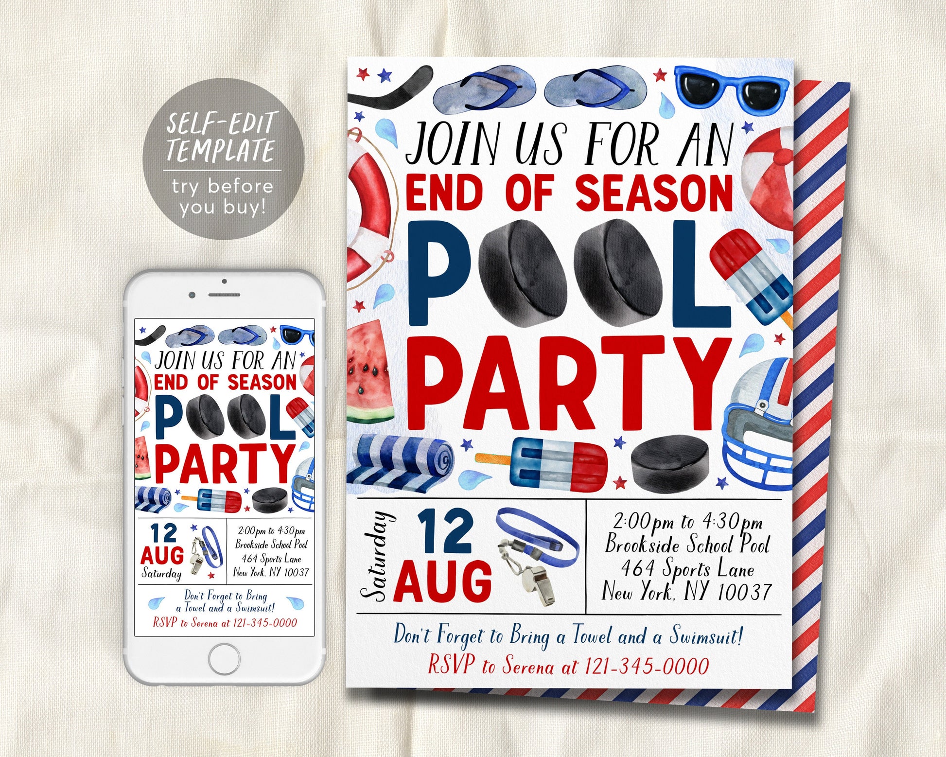 Hockey Pool Party Invitation Editable Template