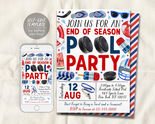 Hockey Pool Party Invitation Editable Template