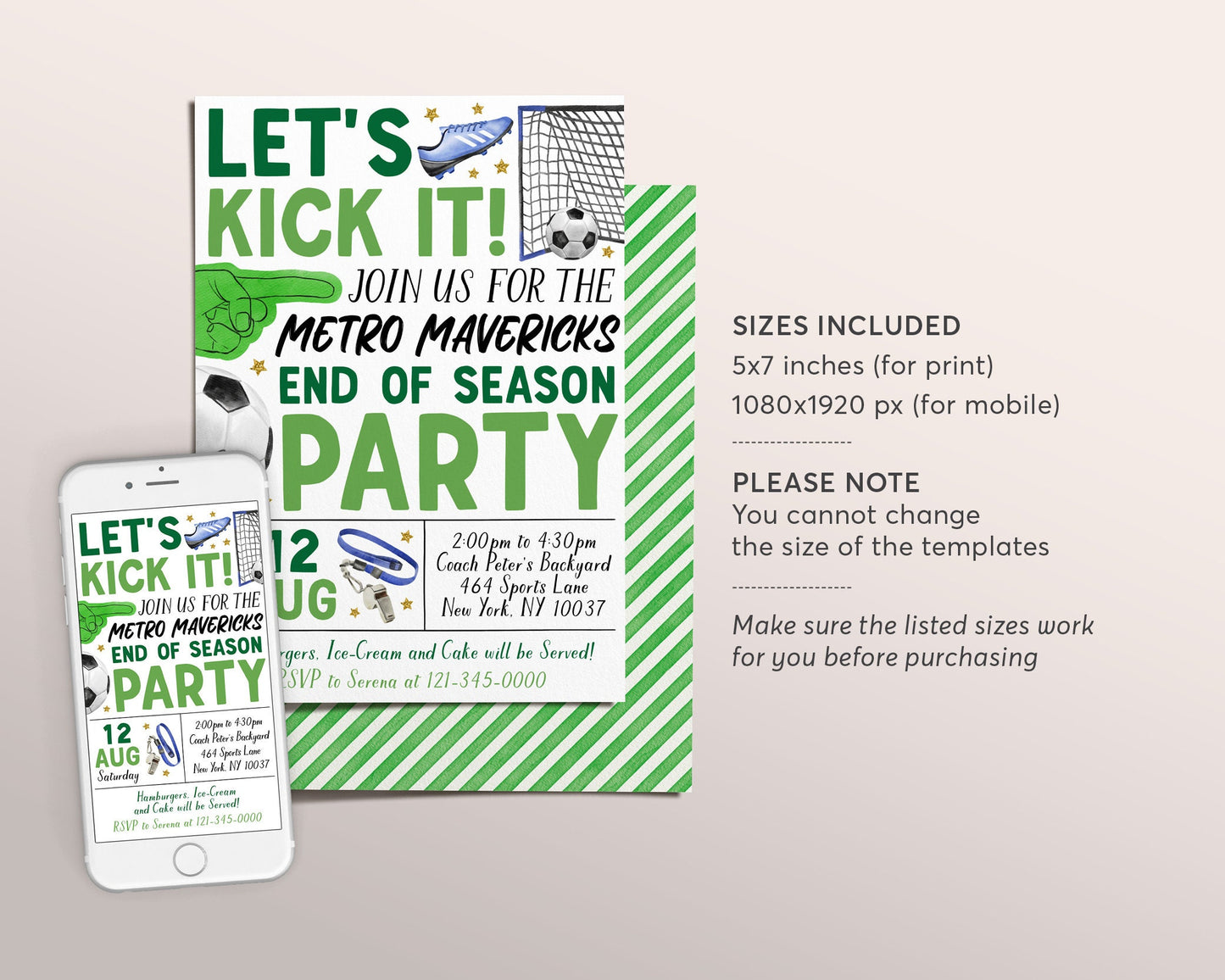 Soccer End of Season Party Invitation Editable Template, Football Sports Team Party Invite, Summer Backyard Team Party Cookout BBQ Evite