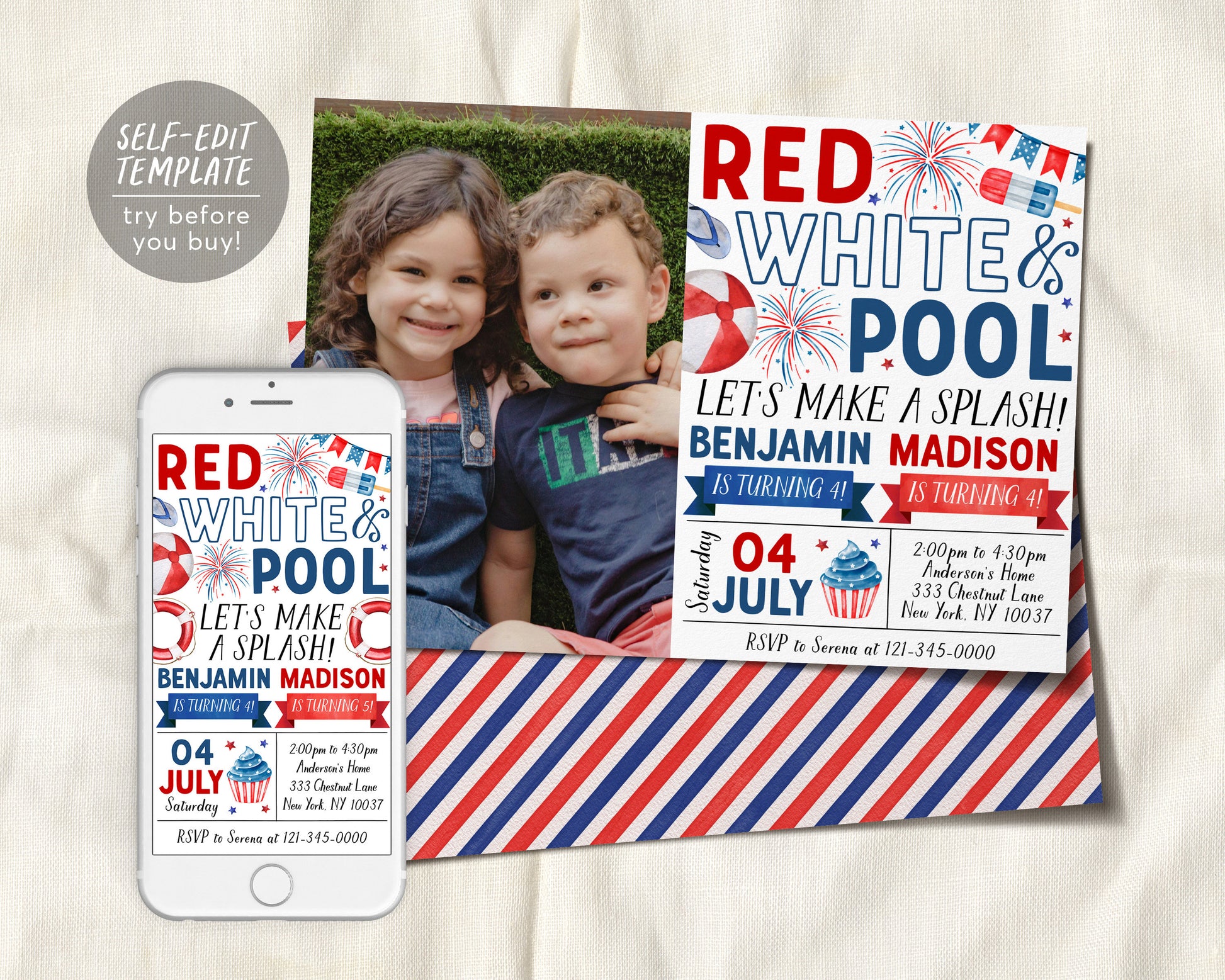 4th of July Joint Siblings Birthday Invitation With Photo Editable Template