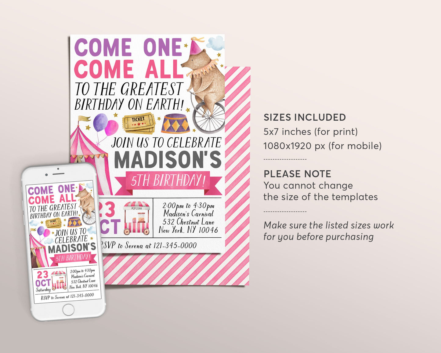 Carnival Birthday Invitation Editable Template, Pink Circus Theme Party Invite, Kids Girl Come One Come All Circus Tent Popcorn Evite