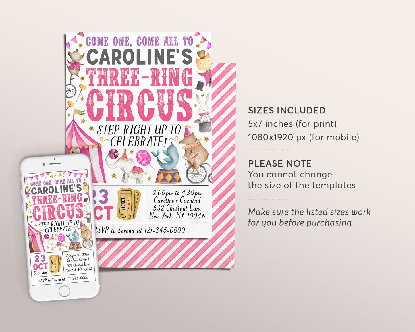 Carnival 3rd Birthday Invitation Editable Template, Three Ring Circus Circus Theme Third Birthday Party Invite, Circus Tent Popcorn Evite