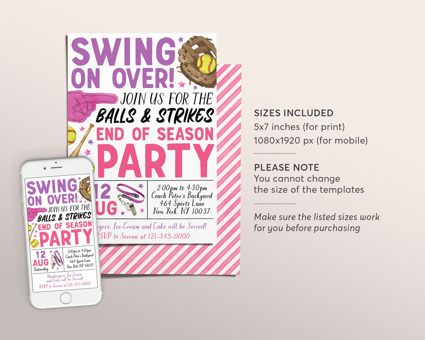 Softball End of Season Party Invitation Editable Template, Swing On Over Sports Team Party Invite, Summer Backyard Team Cookout BBQ Evite