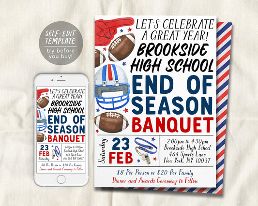 Football End of Season Sports Banquet Invitation Editable Template