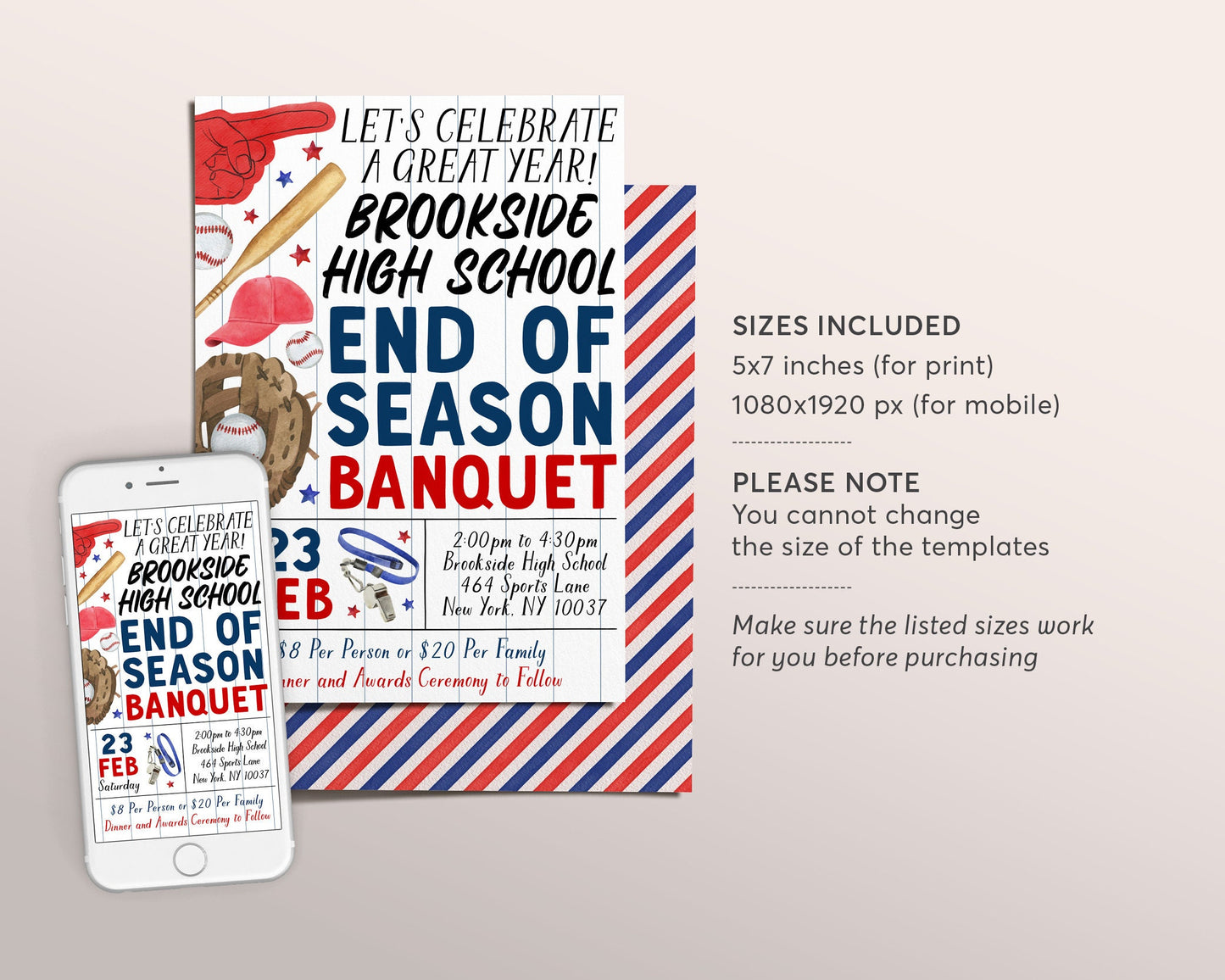 Baseball End of Season Sports Banquet Invitation Editable Template, Swing On Over Awards Night Ceremony, Team Party Evite Senior Parent