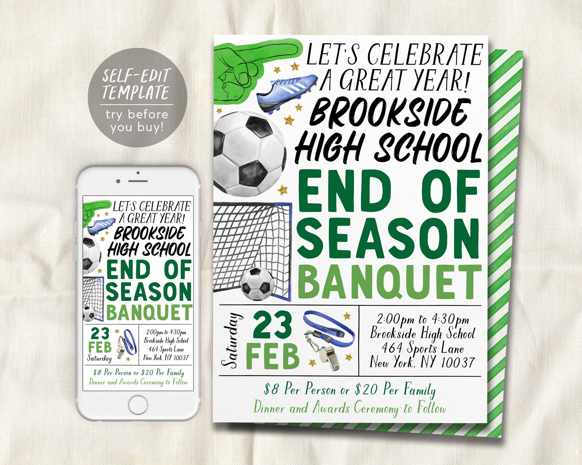 Soccer End of Season Sports Banquet Invitation Editable Template