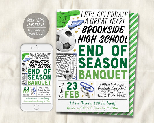 Soccer End of Season Sports Banquet Invitation Editable Template