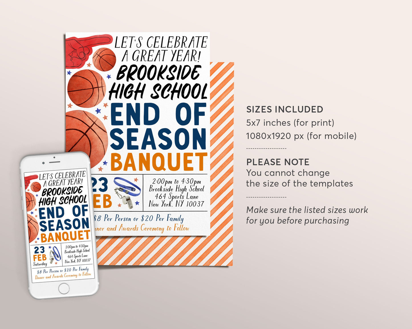 Basketball End of Season Sports Banquet Invitation Editable Template, Basketball Awards Night Ceremony, Team Party Evite Senior Parent