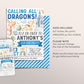 Dragon Birthday Invitation Editable Template, Boy Magical Adventure Dragon Theme Party Invite, Calling All Dragons Castle Evite Printable