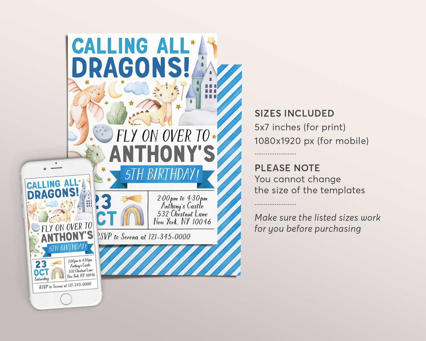 Dragon Birthday Invitation Editable Template, Boy Magical Adventure Dragon Theme Party Invite, Calling All Dragons Castle Evite Printable