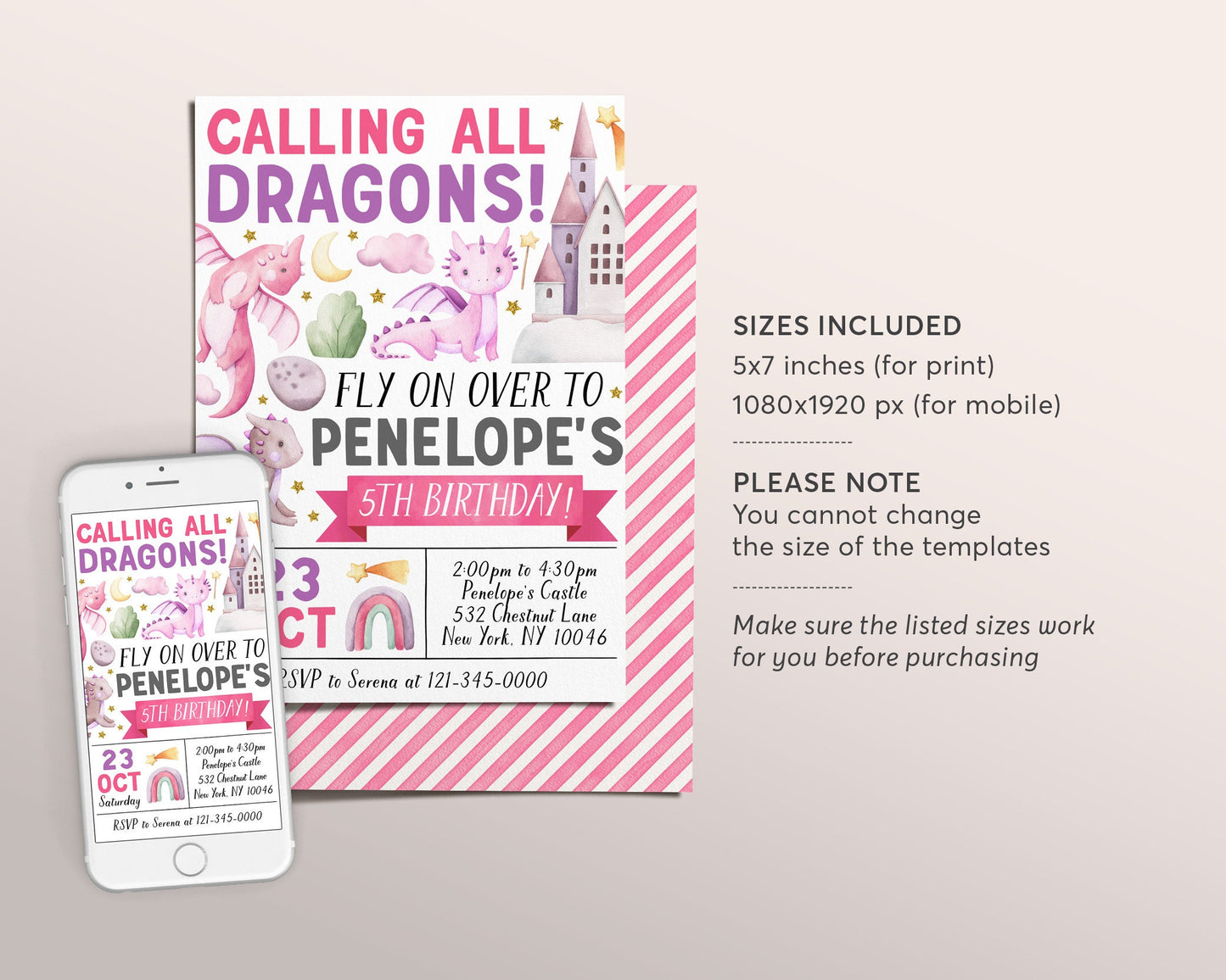 Dragon Birthday Invitation Editable Template, Girl Magical Adventure Dragon Theme Party Invite, Calling All Dragons Castle Evite Printable