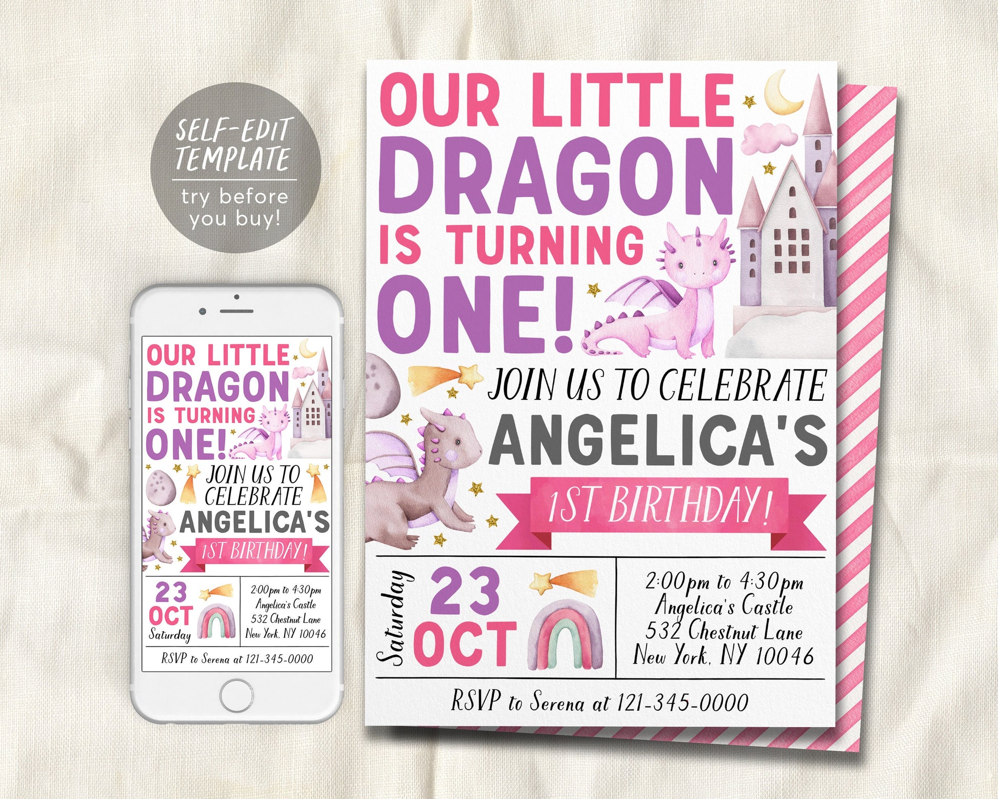 Dragon First Birthday Invitation Editable Template