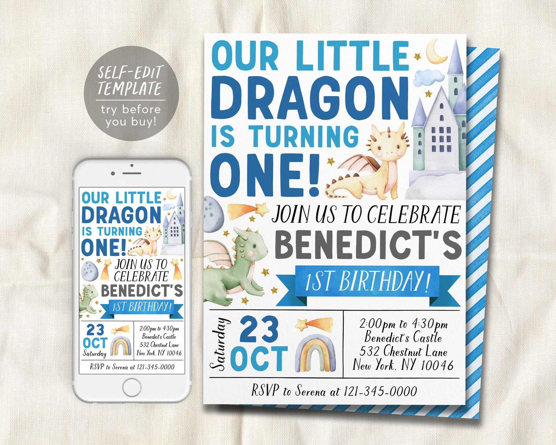 Dragon First Birthday Invitation Editable Template