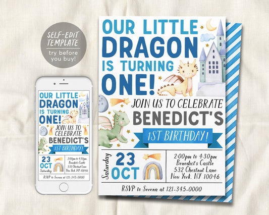 Dragon First Birthday Invitation Editable Template