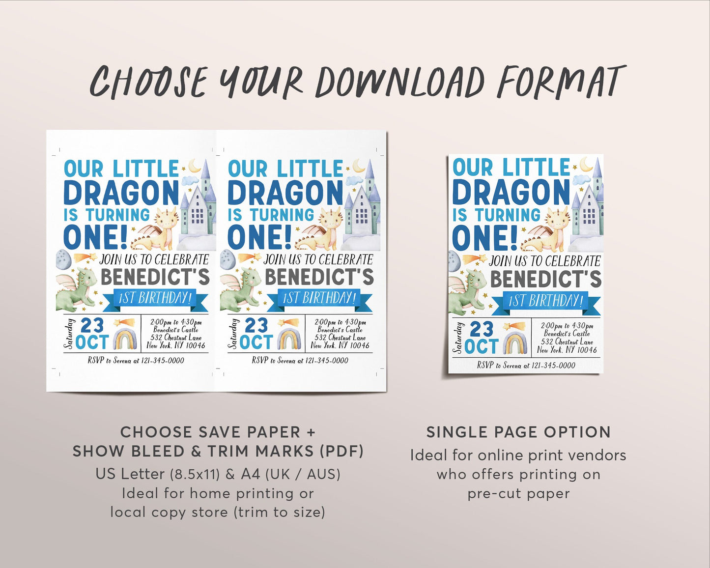 Dragon First Birthday Invitation Editable Template, Boy Magical Adventure Little Dragon Theme Party Invite , Dragons Castle Rainbow Evite