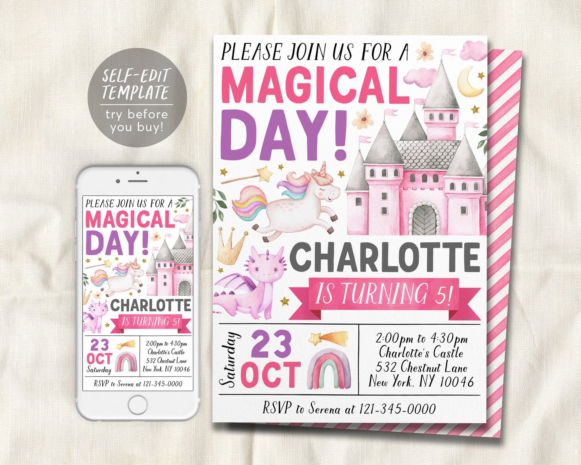 Unicorn Dragon Birthday Invitation Editable Template