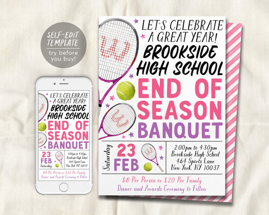 Tennis End of Season Sports Banquet Invitation Editable Template