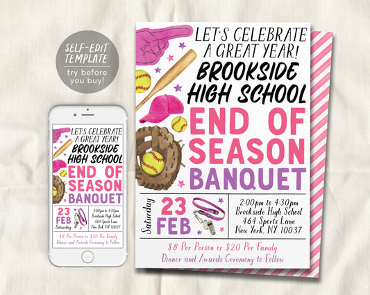 Softball End of Season Sports Banquet Invitation Editable Template