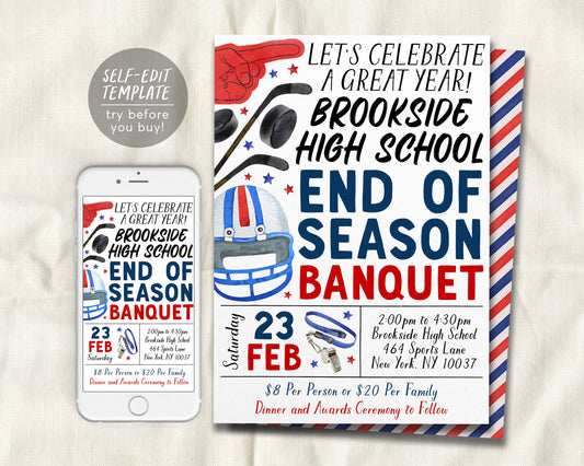 Hockey End of Season Sports Banquet Invitation Editable Template