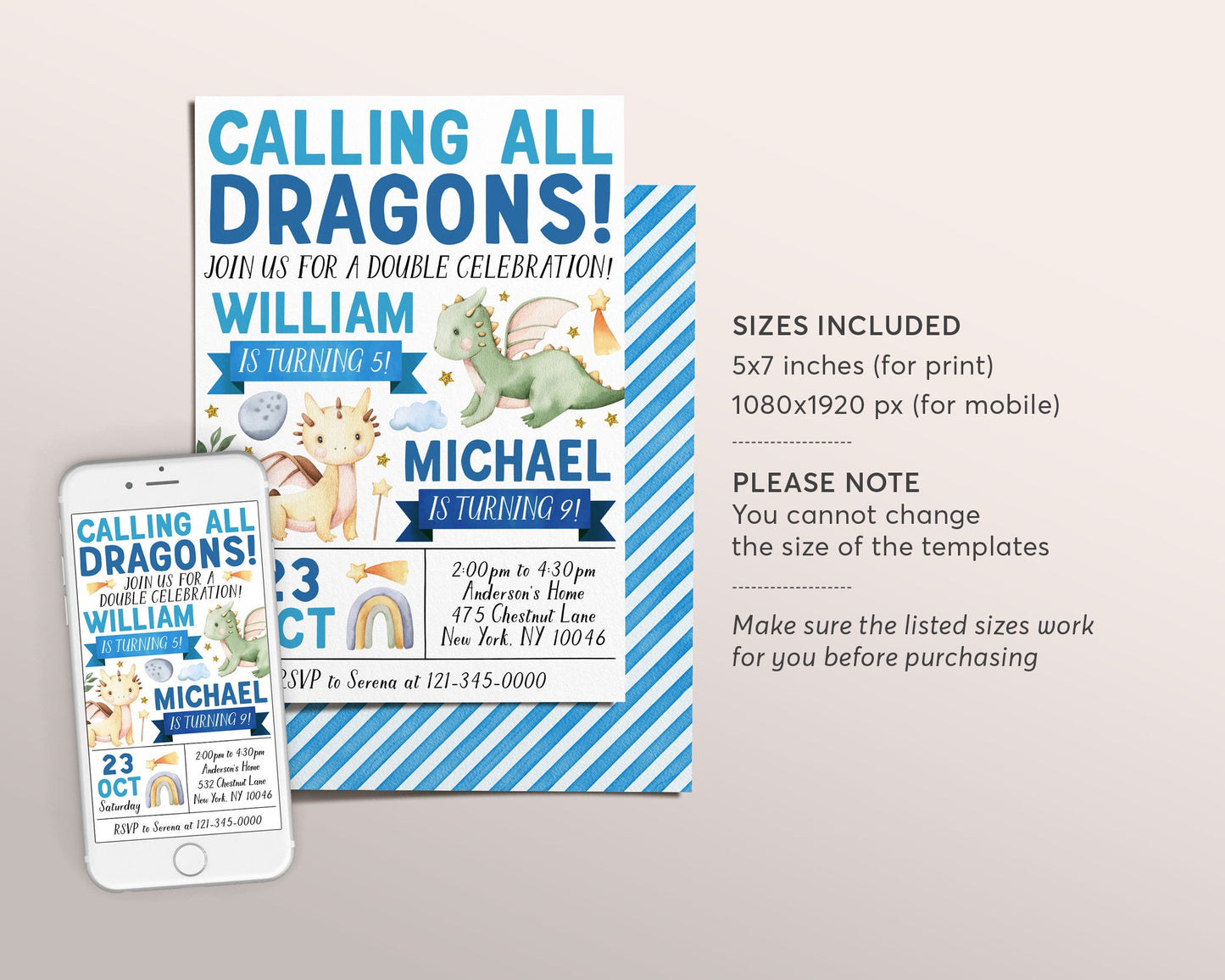 Dragon Joint Siblings Birthday Invitation Editable Template, Boy Twins Brothers Magical Dragon Theme Party Invite, Calling All Dragons Evite