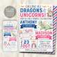 Dragons and Unicorns Joint Siblings Birthday Invitation Editable Template