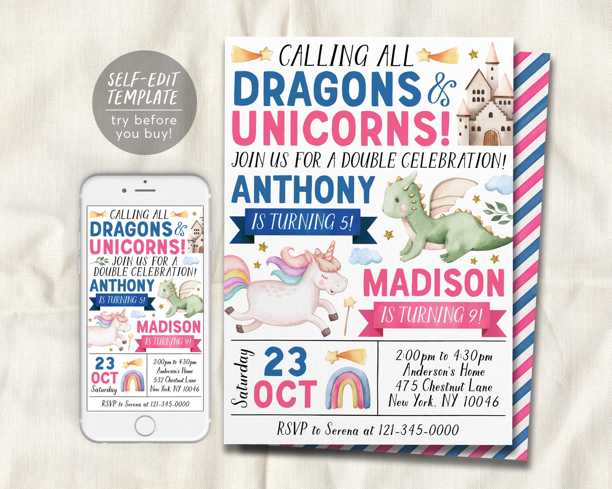 Dragons and Unicorns Joint Siblings Birthday Invitation Editable Template