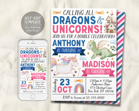 Dragons and Unicorns Joint Siblings Birthday Invitation Editable Template