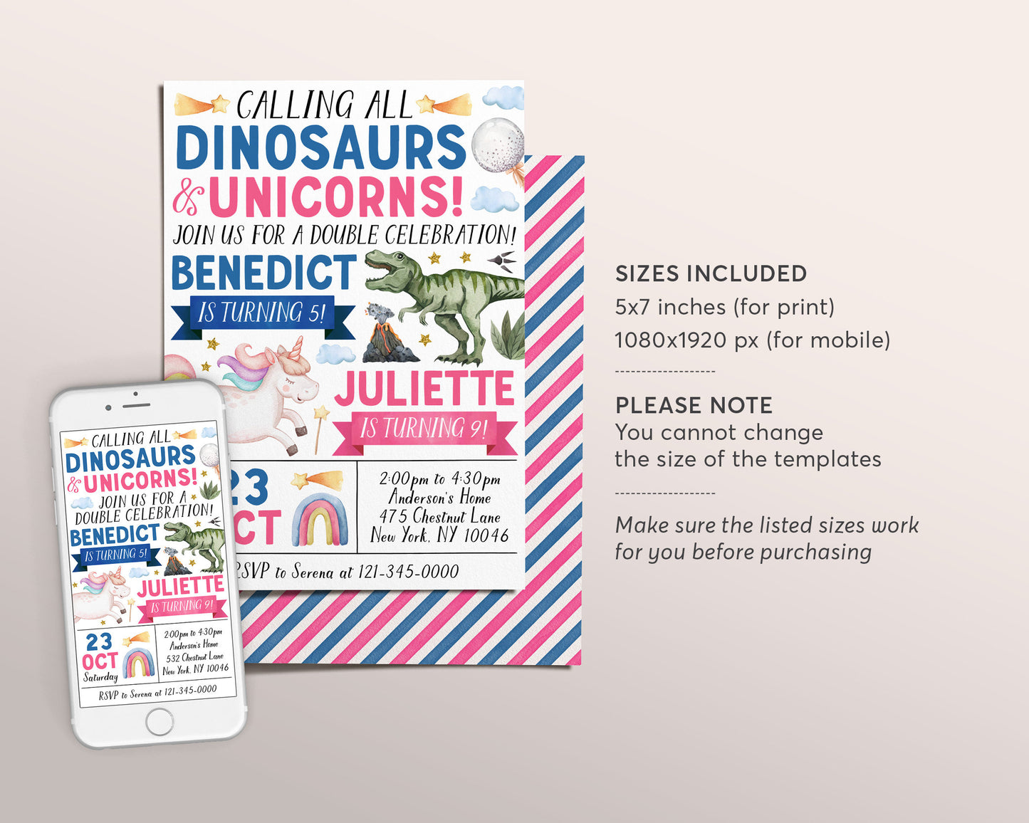 Dinosaurs and Unicorns Joint Siblings Birthday Invitation Editable Template, Boy Girl Twins Magical Dinosaur Unicorn Party Invite Evite