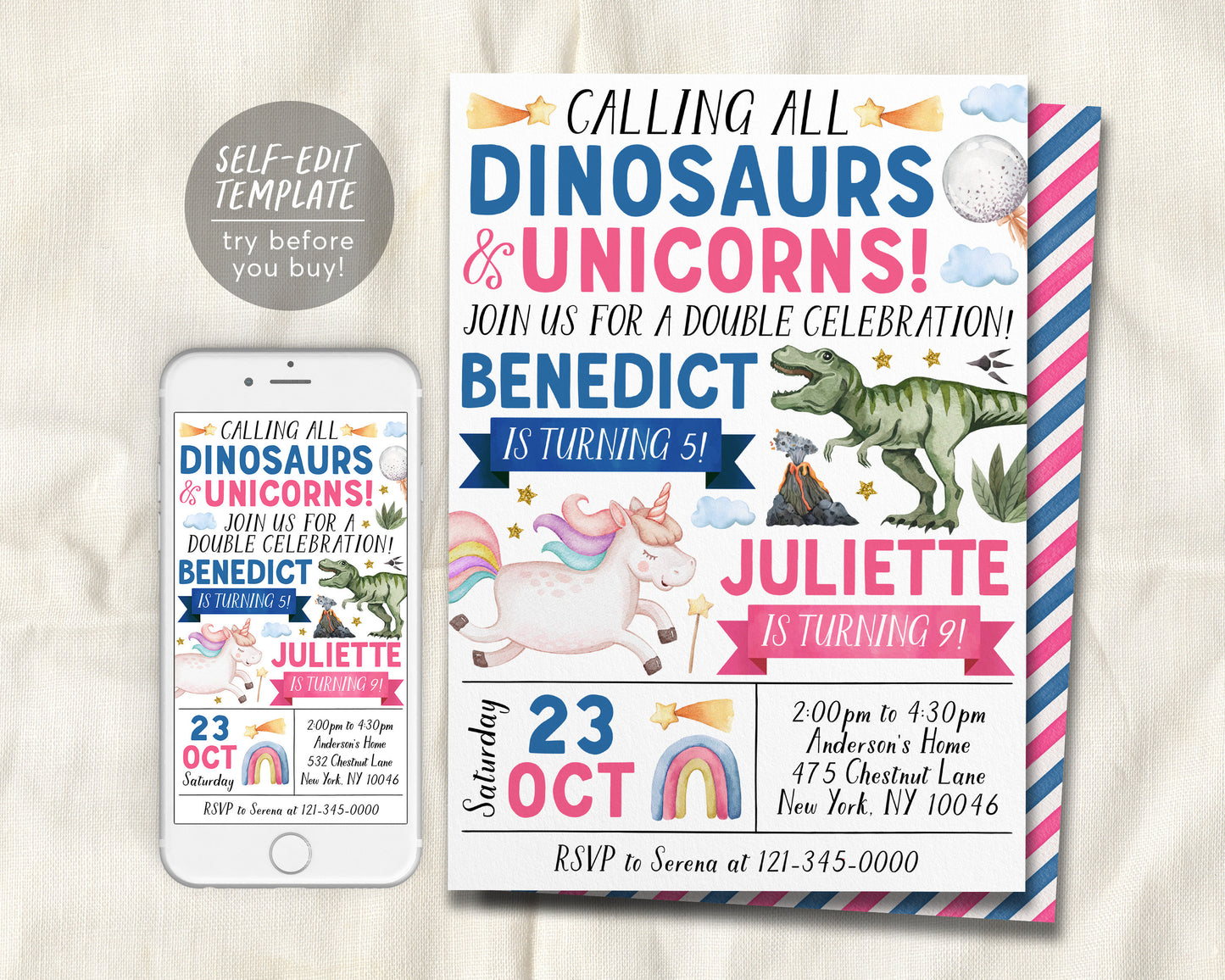 Dinosaurs and Unicorns Joint Siblings Birthday Invitation Editable Template