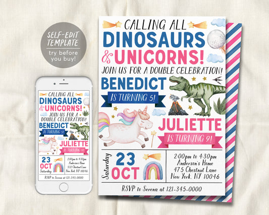 Dinosaurs and Unicorns Joint Siblings Birthday Invitation Editable Template