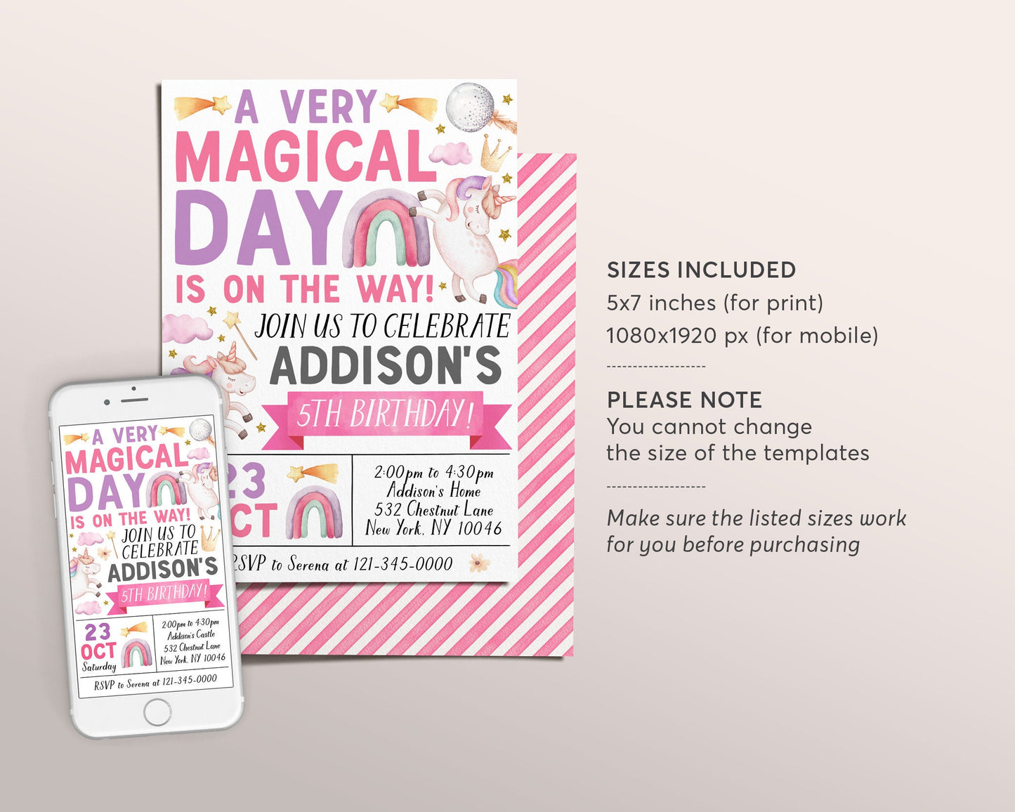 Unicorn Birthday Invitation Editable Template, Girl A Very Magical Day Party Invite, Pastel Unicorns Rainbow Shooting Star Evite Printable