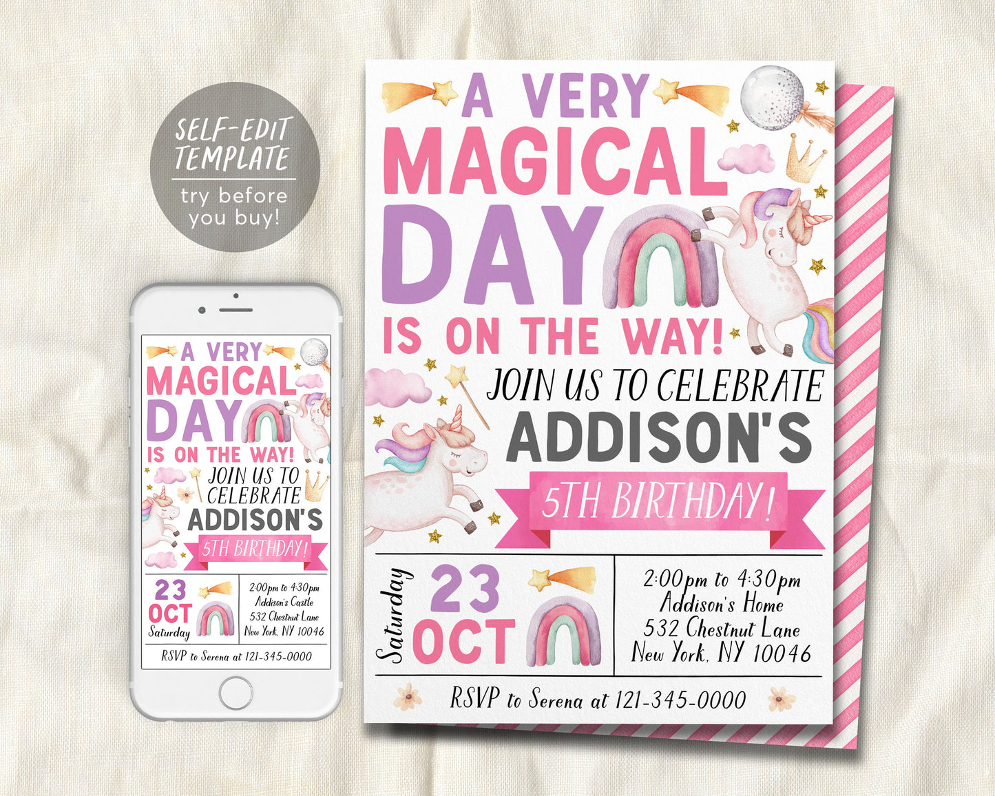 Unicorn Birthday Invitation Editable Template