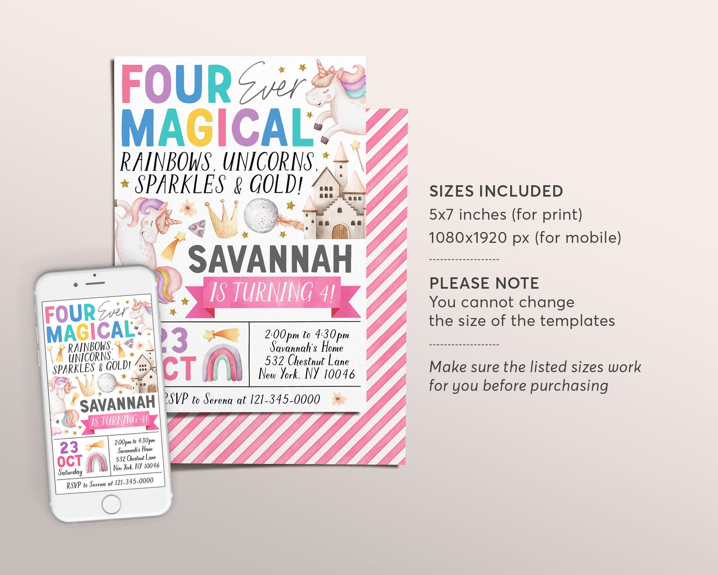 Unicorn 4th Birthday Invitation Editable Template, Girl Four Ever Magical Fourth Birthday Party Invite, Pastel Unicorns Rainbow Star Evite