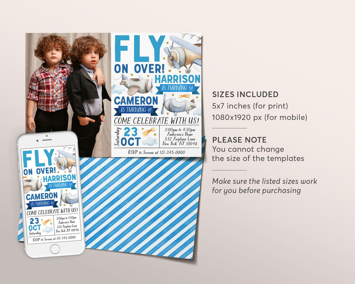 Airplane Joint Siblings Birthday Invitation With Photo Editable Template, Twins Boys Fly On Over Birthday Party Invite, Plane Theme Evite