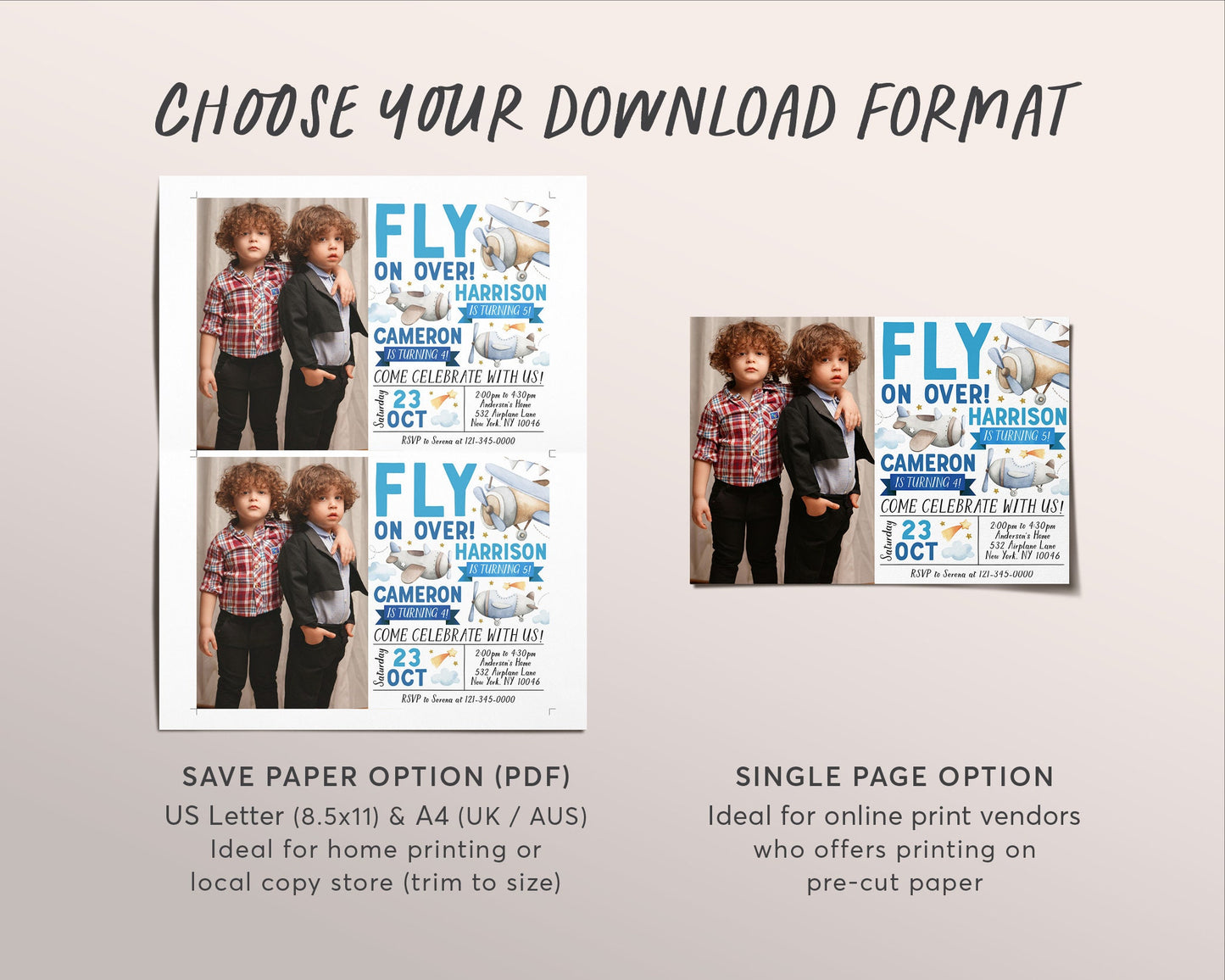 Airplane Joint Siblings Birthday Invitation With Photo Editable Template, Twins Boys Fly On Over Birthday Party Invite, Plane Theme Evite