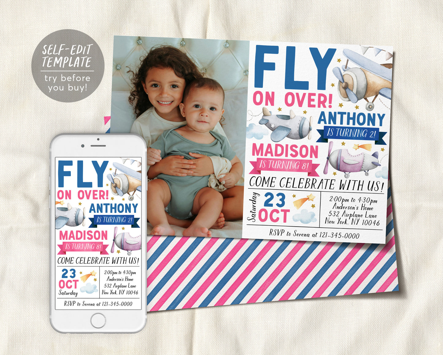 Airplane Joint Siblings Birthday Invitation With Photo Editable Template